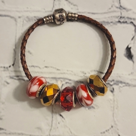 Pandora Leather Braid Bracelet with Five Beads Marked 925 - Picture 1 of 8